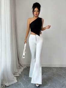 Elenzga Women's Mid-Rise Pocketed Button Casual Versatile Daily Wear Flare Jeans - White - View 5