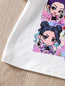 Baby Girl Cartoon Girl Print Round Neck Short Sleeve T-Shirt And Pants Casual Outfit - Multicolor - View 5