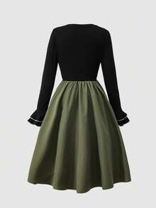 Tween Girl Colorblock Round Neck Flare Sleeve Bow Decor Cute Dress - Black - View 2
