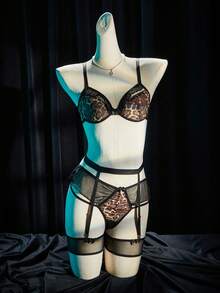 SpicyHot 5pcs Leopard Print Mesh Patchwork Sexy Lingerie Set - Multicolor - View 7