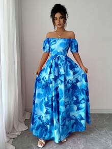 Elenzga New Summer Collection Elegant Fashion Off-The-Shoulder Blue Floral Print Dress With Slim-Fit Waistline And Puff Sleeves. Ocean Dress Off Shoulder Dress, Blue Long Dress, Blue Dress - Aqua Blue - View 6