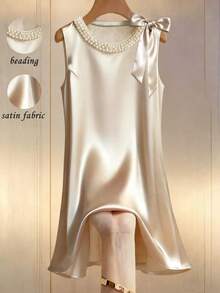 Franclia 纯色圆领缎面珍珠泡泡蝴蝶结无袖时尚优雅A字连衣裙 - 杏色 - 查看 1