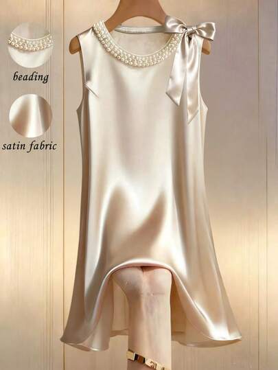 Franclia 纯色圆领缎面珍珠泡泡蝴蝶结无袖时尚优雅A字连衣裙