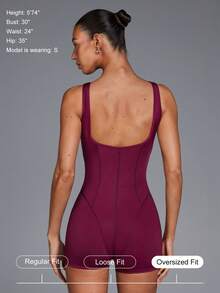 Menodora SHEIN Sport 女士纯色露背无袖连体衣 - 酒紅色 - 查看 3