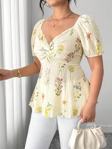 Elenzga Front Twist Ditsy Floral Textured Fabric Puff Sleeve Gathered Waist Flared Hem Women Blouse - Apricot - View 4