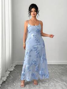 Elenzga 大码女士优雅刺绣网纱吊带裙 - 藍色 - 查看 5