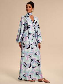 Breezaya 女士几何印花V领泡泡袖褶皱腰身设计优雅长袖连衣裙，多色 - 彩色 - 查看 4