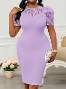 Fleurora 春夏优雅通勤办公白色针织领口铅笔裙荷叶袖撞色蕾丝中长短袖大码连衣裙女装夏季服装女装夏季连衣裙女装优雅女装办公服装女装夏季办公连衣裙 - 紫色 - 查看 3