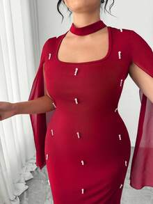 Elenzga 优雅雪纺珍珠装饰拼接连衣裙，修身款式，女士连衣裙 - 酒紅色 - 查看 3