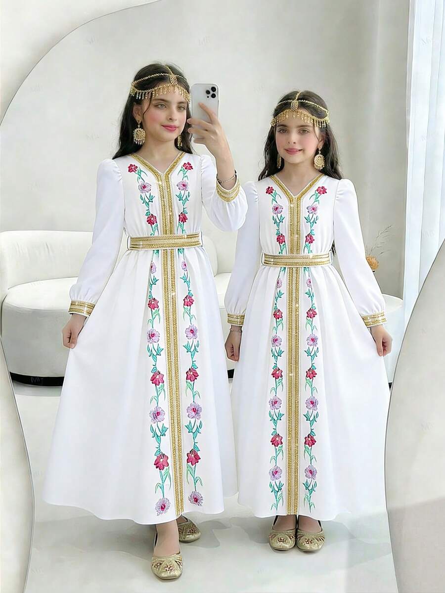 SHEIN Tween Girl Floral Print Ribbon Trim V-Neck Long Sleeve Elegant Dress - White - View 1