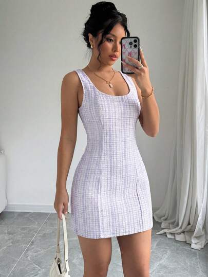 Selianne Vestido elegante de verano para mujer con cuello redondo y sin mangas a cuadros para ropa de Año Nuevo