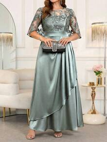 Ellevyn 大码女士优雅拼接刺绣网纱腰部裹身褶皱连衣裙 - 薄荷綠 - 查看 3