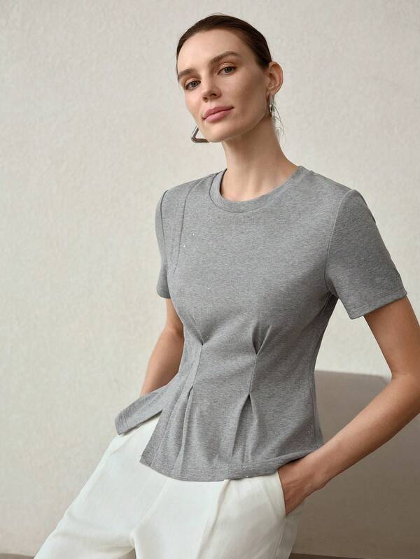 MOTF PREMIUM FASHIONABLE & EXQUISITE HIGH-END DESIGN SEQUIN EMBELLISHED ROUND NECK SHORT SLEEVE WOMEN T-SHIRT