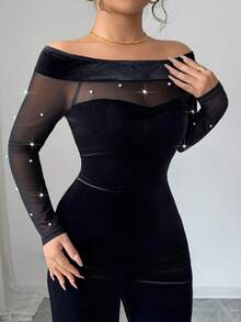 Elenzga Mono de noche de moda para mujer talla grande con parches de malla y decoración de perlas falsas - Negro - Ver 4