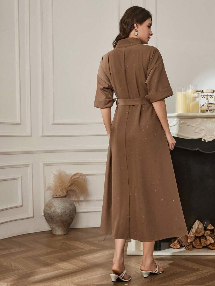 Women's Solid Color Stand Collar Drop Shoulder Single-Breasted Casual Long Dress Business Casual Woman Dress Sundress