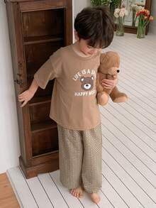 DAZY 男童可爱小熊印花短袖T恤和格子裤睡衣套装，夏季 - 卡其色 - 查看 4