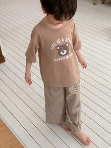 DAZY 男童可爱小熊印花短袖T恤和格子裤睡衣套装，夏季 - 卡其色 - 查看 7