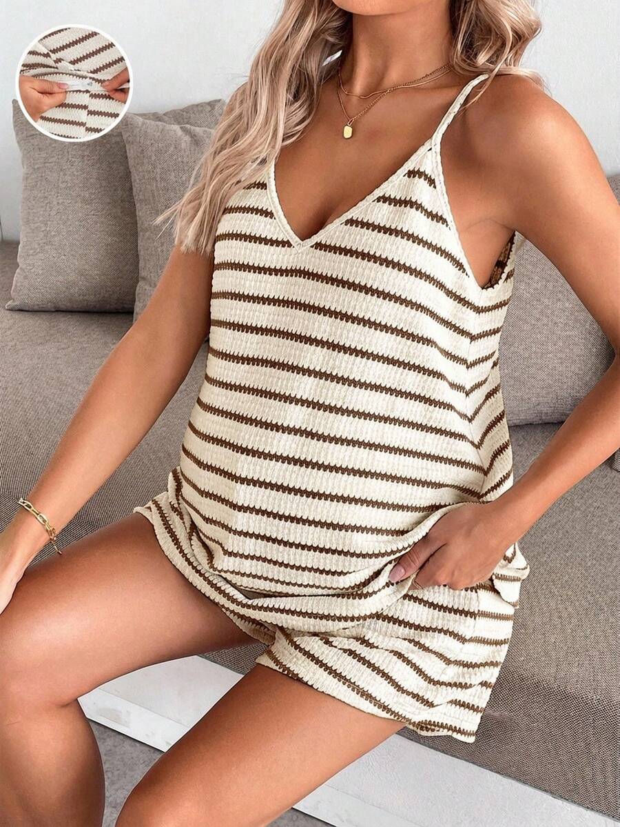 SHEIN Maternity Women's Striped Camisole Top And Adjustable Waist Shorts Set - Coffee Brown - View 1