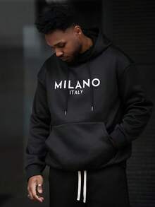 Heavens Edit 男士创意印花字母图案休闲运动通勤多功能保暖连帽卫衣，Emo风格，2000年代风格，秋冬季长袖上衣 - 黑色 - 查看 4