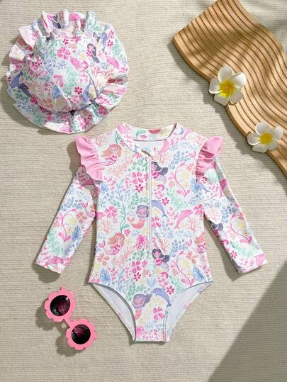 Baby Girls Beachwear,Baby Girl's One-Piece Swimsuit, Featuring A Cute Pink Cartoon Mermaid And Floral Print, Made Of Knitted Fabric. This Long-Sleeved Swimsuit Has Ruffle Details And Comes With A Matching Hat. Stylish, Casual, Exquisite, And Elegant, Perfect For Swimming, Summer Vacations, Beach Trips, Pool Parties, And Summer Holidays.