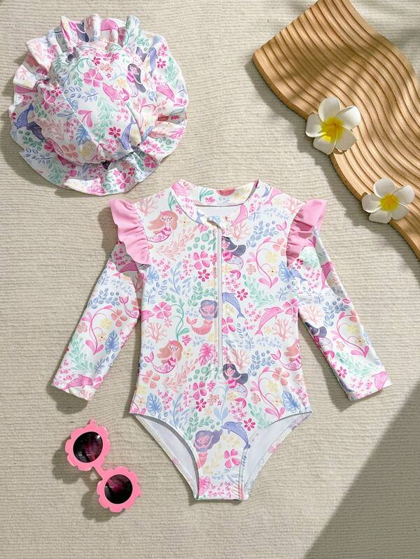 Baby Girls Beachwear,Baby Girl's One-Piece Swimsuit, Featuring A Cute Pink Cartoon Mermaid And Floral Print, Made Of Knitted Fabric. This Long-Sleeved Swimsuit Has Ruffle Details And Comes With A Matching Hat. Stylish, Casual, Exquisite, And Elegant, Perfect For Swimming, Summer Vacations, Beach Trips, Pool Parties, And Summer Holidays.