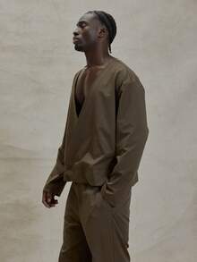 Musero Áo blazer dáng rộng, cổ chữ V sâu, tay dài, cài hai nút, kiểu dáng thanh lịch, thích hợp cho mùa xuân hè. - Màu Khaki - Xem 4