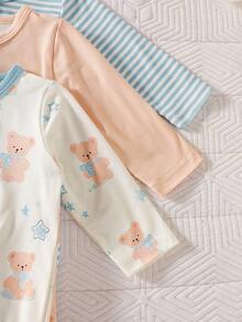 SHEIN 3件套新生儿连体衣 | 弹力针织长袖连脚衫，包含纯色裸色、蓝白条纹和熊蝴蝶结印花款，柔软舒适，可爱款式 - 彩色 - 查看 5
