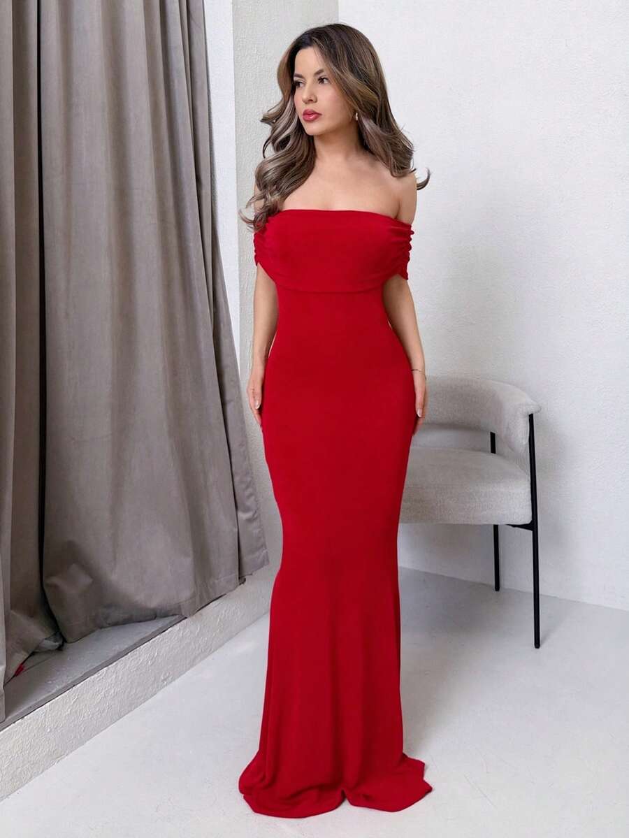 Jemour Women's Solid Color Off Shoulder Sexy See-Through Elegant Fishtail Backless Tight Graduation Season Dress - Burgundy - View 1