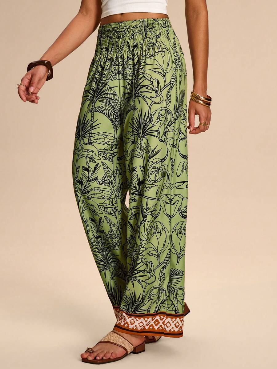 Breezaya 女士复古印花腰部抽绳设计休闲裤，度假装扮 - 彩色 - 查看 1