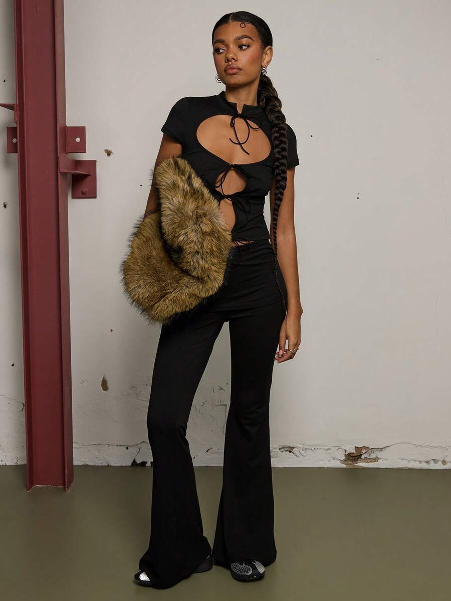 COUREZ Tie Front Cut Out Top/Y2K Spring Clothes For Women Cute Sexy Black Tops Going Out Party Rave Outfits Summer Tops 2 Piece Sets - Dark Grey - View 1