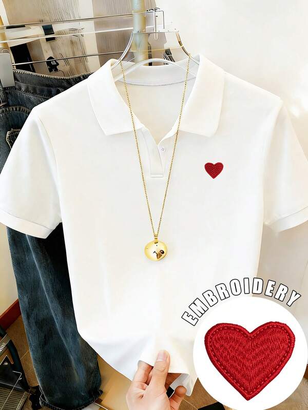 Resyla Camiseta polo de manga corta con bordado de corazón, casual de verano para mujer