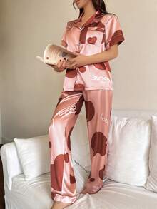 Dream Adore Heart & Letter Print Satin Pocket Short Sleeve Pajama Set For Women - Red - View 4