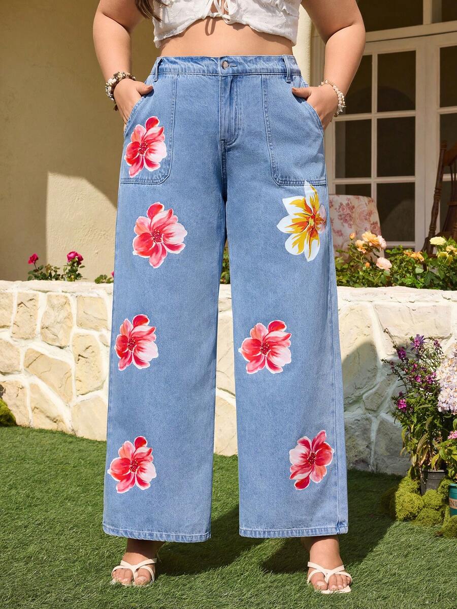 Breezaya Plus Size Women's Casual Floral Print Straight Leg Jeans, Spring/Summer - Light Wash - View 1