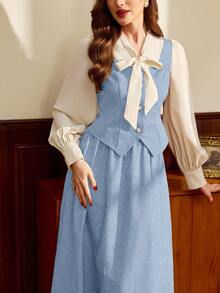 Vintamour 复古经典优雅学院风女式两件套，秋冬缎带领长袖两件套，咖啡色两件套 - 淺藍色 - 查看 4