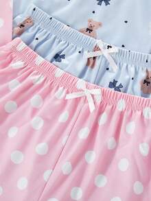 3件套女童休闲可爱卡通爱心、蝴蝶结、樱桃印花背心短裤睡衣套装，夏季 - 彩色 - 查看 5