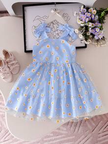 Toddler Girls' Blue Daisy Print Mesh Striped Sleeveless Bow Tie Waist Princess Dress, Summer Beach Holiday Outdoor Play - Blue - View 5