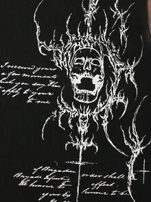 ROMWE MEN Goth Men's Handpainted Slogan Print Loose Fit Round Neck T-Shirt Spring/Summer - Black - View 4