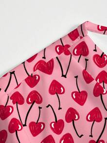 PopScrub Women's Fashion V-Neck Short Sleeve Pocket Ear-Hanging Split Scrub Set With Heart & Cherry Print Design - Multicolor - View 8