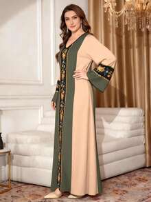 SHEIN Najma Đầm maxi dài tay cổ chữ V in họa tiết hình học giả kim cương dành cho nữ cỡ lớn, kiểu dáng thanh lịch, phong cách Ả Rập, thích hợp cho mùa xuân/hè. - Nhiều màu - Xem 3