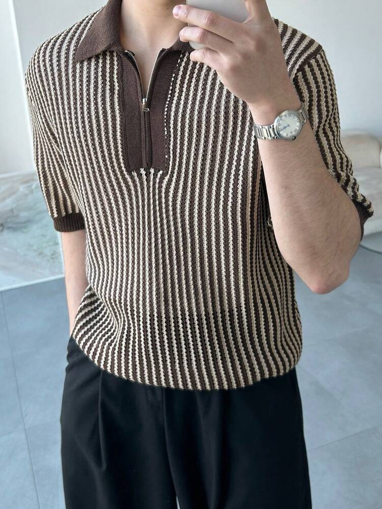 Men's V-Neck Contrast Color Polo Knit Top, Summer