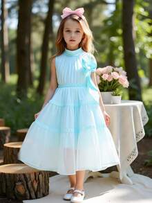 Elladie kids 少女公主风薄纱3D蝴蝶中长优雅连衣裙 - 藍色 - 查看 3