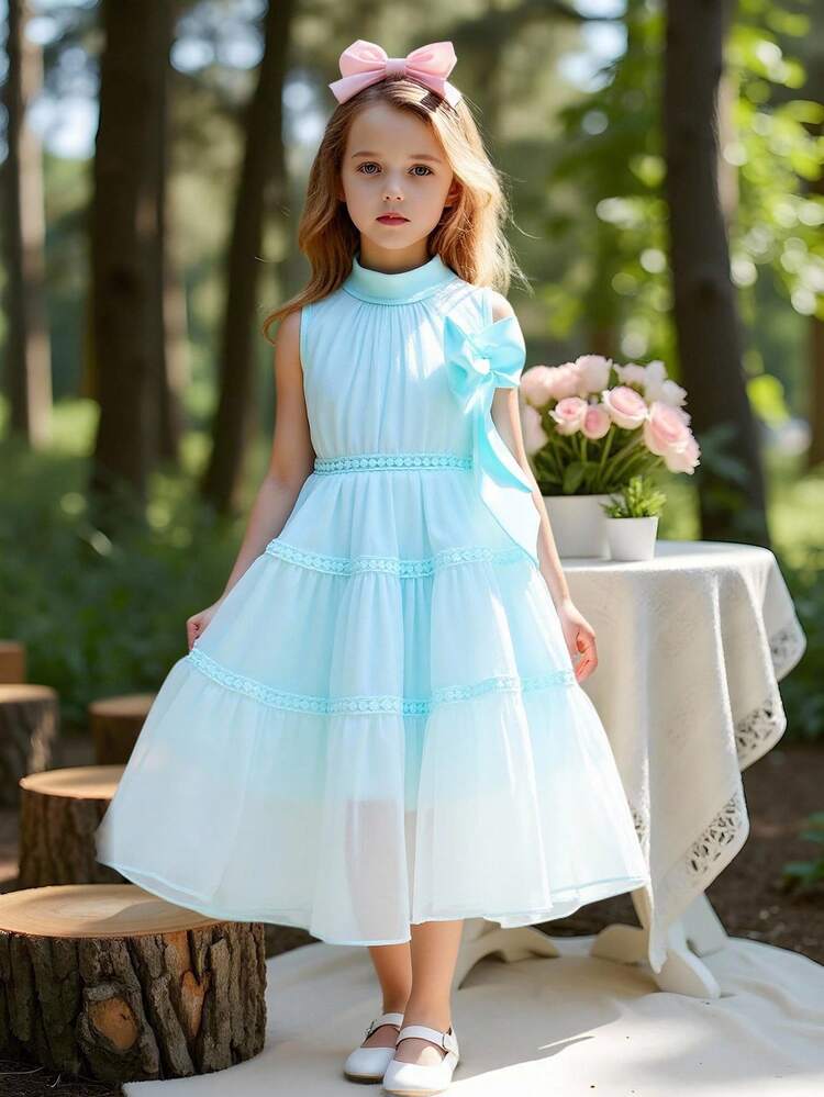 Elladie kids 少女公主风薄纱3D蝴蝶中长优雅连衣裙 - 藍色 - 查看 3
