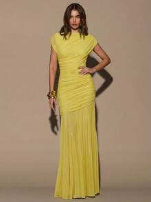 SHEIN BAE 女士酒红色无袖圆领褶皱修身连衣裙，优雅维纳斯女士超长连衣裙，适合度假、节日、圣诞节、派对、约会、生日等场合。 - 黃色 - 查看 6