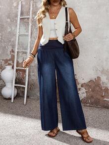 EMERY ROSE Mature Denim Jeans casuales y versátiles de pierna ancha y holgada con pliegues en la cintura para mujer - Azul - Ver 6