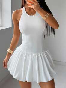 SHEIN EZwear Women's Gym Dress White Knit Halter Sleeveless Backless Sports Dress White Casual Dress White Club Dress Tennis Dress - White - View 1