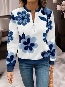 SHEIN LUNE 休闲简约风格印花半拉链圆领轻薄女式卫衣，适合秋冬季和早春穿着，百搭实用 - 彩色 - 查看 5