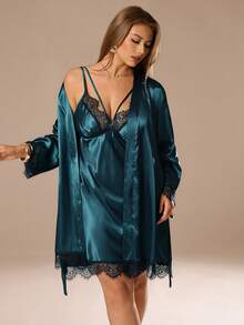 SHEIN Privé 大码仿丝蕾丝拼接吊带性感吊带裙套装，含浴袍，秋冬服装 - 墨綠色 - 查看 1