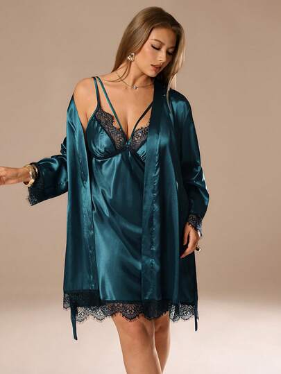 Auralis 大码仿丝蕾丝拼接吊带性感吊带裙套装，含浴袍，秋冬服装