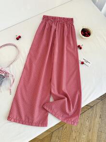 Sweetra 女士新年、夏季、万圣节、圣诞节、感恩节服装，新品上市，适合派对、通勤、日常、度假、海滩、休闲穿着。女士夏季沙滩裤，红白格子裤，红色裤子搭配白色扭结蝴蝶结腰带设计，宽松裤腿，休闲度假海滩时尚裤 - 紅白色 - 查看 3