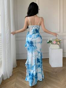 Celisse Robe élégante à volants avec imprimé floral pour femmes - Bleu azur - Voir 2